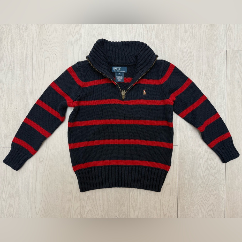 Polo Ralph Lauren Red & Navy Striped 1/4 Zip Sweater! RL pony logo. Sz 4